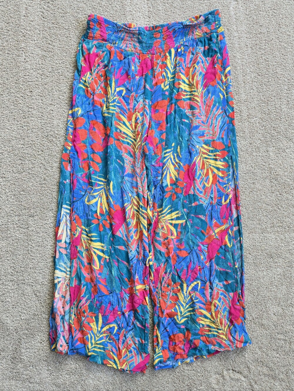 Women's Smocked Waist Side Slit Cover Up Pants - Multi Tropical Floral
